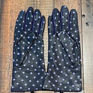 Lulu Guinness Black Leather Gloves with Purple Polka Dots